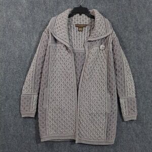Inis Crafts Cardigan Sweater Womens Medium Gray 100% Merino Wool Cable Knit